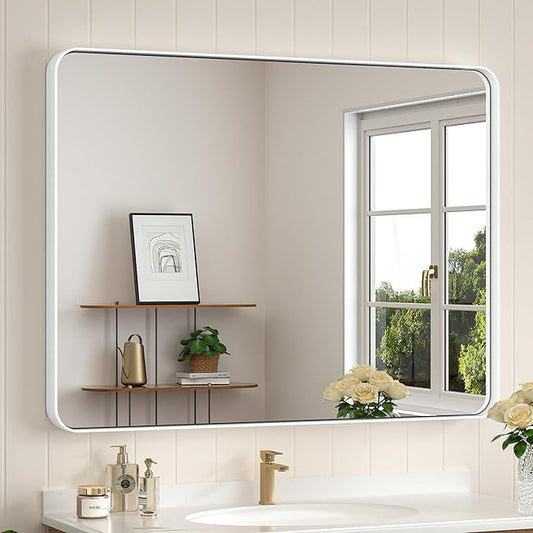 Keonjinn Matte White Bathroom Mirrors for Over Sink 40 x 30 Inch Large Rounded Rectangle Bathroom Mirror for Wall, Seamless Metal Frame Farmhouse Mirror, HD Tempered Glass(Horizontal/Vertical)
