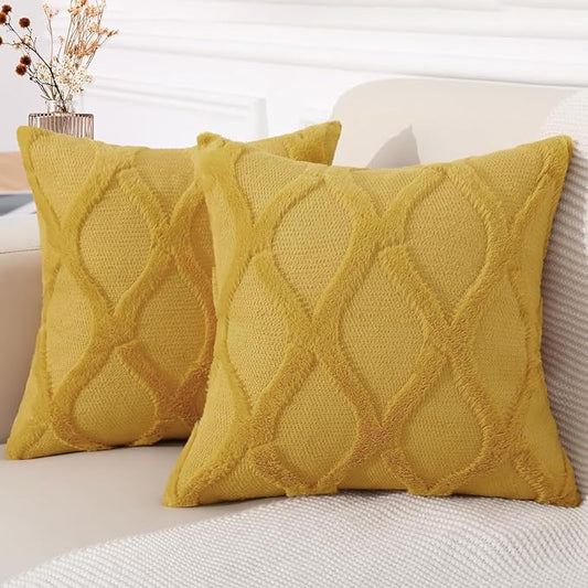 decorUhome Fall Throw Pillow Covers 26x26 Inch Set of 2, Soft Plush Faux Fur Wool Mustard Yellow Couch Pillow Covers, Decorative Neutral Pillow Cases for Bed Sofa Living Room Home Decor