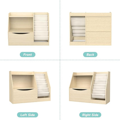 TOETOL 2 Tier Kids Bookshelf and Book Storage，4 Sling Toddler Bookshelf, Storage Boxes Book Shelf & Organizer for Nursery Playroom Classroom Library Bedroom Natural Wood