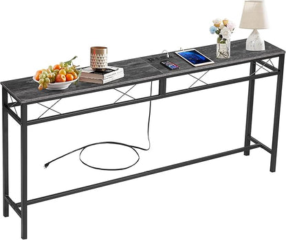 VECELO 55In Extra Long Narrow Sofa/Console Table with Charging Station & Power Outlet and USB Ports, for Entryway, Living Room, Office, Industrial, Grey