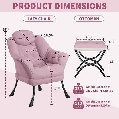 IDEALHOUSE Lazy Chair with Ottoman - Modern Living Room Chairs for Small Spaces, Ergonomic Reading Chair with Armrests, Comfy Chair with Ottoman for Bedroom & Living Room, Pink