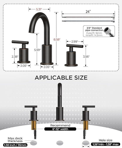 FORIOUS Oil Rubbed Bronze Bathroom Faucet 3 Hole, 8 Inch Widespread Bathroom Sink Faucet Bronze with Pop Up Drain, 3 Piece Vanity Faucet ORB with 24" CUPC Supply Hoses, 6" to 10" Sink Restroom Remodel