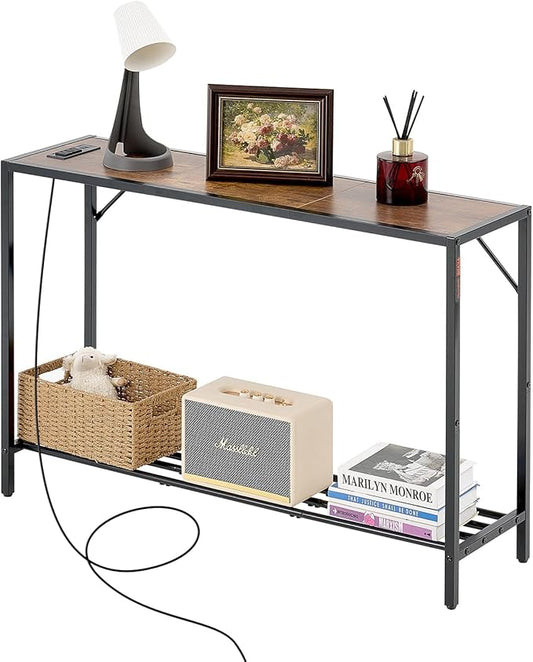 VEVOR Narrow Console Table, 41.7" Behind Couch Shelf with Power Outlets, 2-Tier Long Entryway Shelf, Sofa Table with Metal Frame and Charge Station, for Entryway, Hallway, Living Room