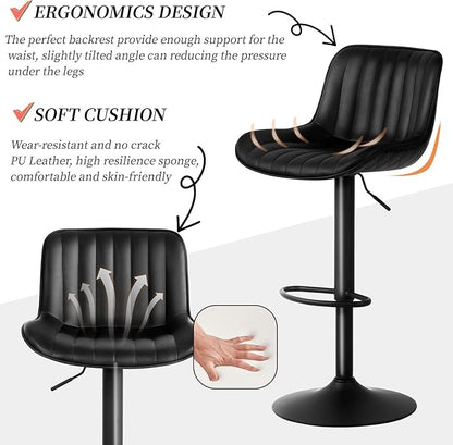 YOUNUOKE Black Bar Stools Set of 2 Adjustable Counter Height Stools Modern Swivel Barstools with Backs Mid Century PU Leather Upholstered Bar Chairs for Kitchen Island