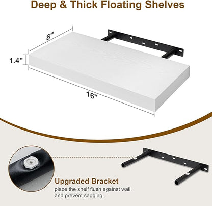 Fun Memories White Floating Shelves 16 Inch Long, 8 Deep Floating Shelf Wall Mounted, 16 x 8 Inch Wooden Bathroom Shelves, Deep Storage Shelves for Living Room, Kitchen, Set of 2