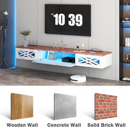 Floating TV Stand, 71" Floating Entertainment Center Wall Mounted,Floating Wall Mounted TV Shelf with Led Lights and Power Outlet,Modern High Gloss tv Cabinet Media Console with Storage