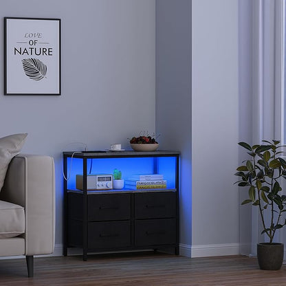 TUTOTAK LED Night Stand with Charging Station, Large Nightstand with USB and Type-C Port, Bedside Table with Cloth Drawers, End Table for Livingroom, Bedroom, Charcoal Grey TB01BY081L