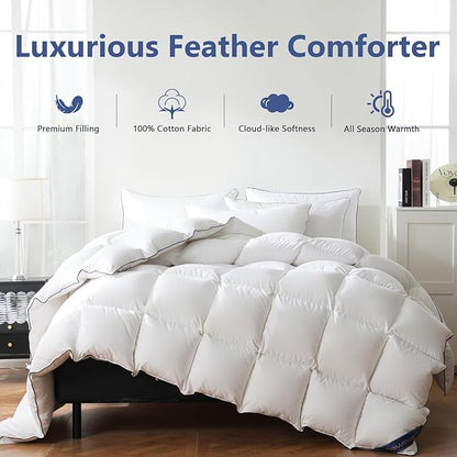 DOWNCOOL Feather Comforter California King, White Fluffy Duvet Insert with Ultra Soft 100% Cotton Cover, All Season Luxurious Hotel Bed Comforter with Corner Tabs, California King 104"x96"