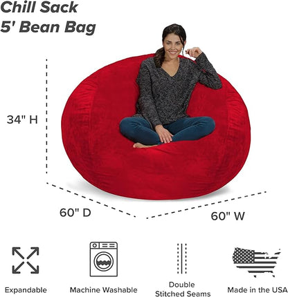 Chill Sack Bean Bag Chair - 5' Giant Memory Foam Lounge Chair with Soft Microfiber Cover – Cozy Furniture for Living Room, Dorm, & Kids' Rooms – Comfortable 5 Ft, Ultrafur Lounge Sofa, Red