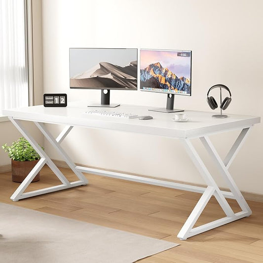 LVB Modern White Computer Desk, Long Industrial Home Office Desk for Student, Large Metal Wood Writing Study Work Desk, Farmhouse Executive Gaming Computer Table for Bedroom Living Room, White, 60 in