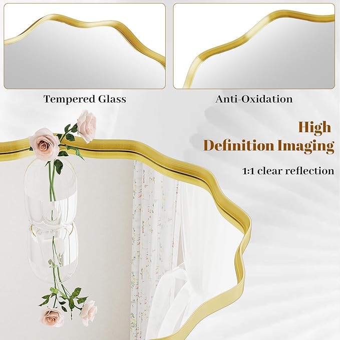 Round Wavy Mirror, 42 Inch Metal Frame Circle Mirror, Round Wall Mounted for Entryway, Bathroom, Vanity, Living Room, Gold