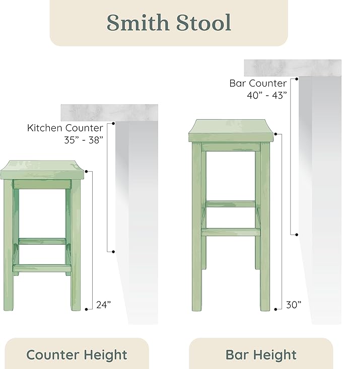 Grain & Grove Smith Collection Set of 2 Solid Wood Counter Height Bar Stools, 24-Inch Saddle Seat Backless Stools, Ideal for Kitchen Island, Dining, or Home Bar Seating, Walnut