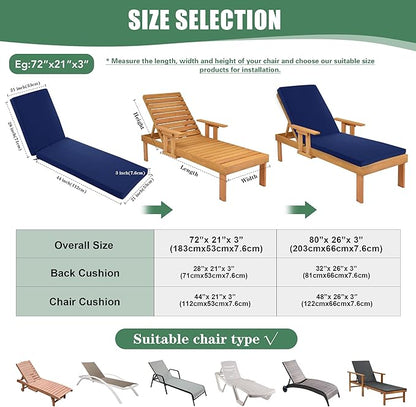 Chaise Lounge Cushions Outdoor - Waterproof and Fade Resistant Sun Lounger Replacement Cushions - Patio Lounger Pads with Removable Cover for Pool, Deck, Lawn, 72 x 21 x 3 Inch, Navy