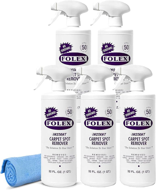 FOLEX Instant Carpet Spot Remover 32 oz – Powerful Stain Remover for Carpets, Upholstery & Rugs – Eliminates Pet Stains, Grease, Red Wine, Food, Makeup & More – With Reusable Cleaning Cloth – 5 Pack