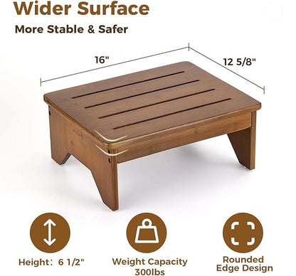StrongTek Bamboo Bed Step Stool for Adults & Kids – Wide 16" Platform, 300 lbs Capacity, Non-Slip Drainage Surface, 6.5" Height Safe Bedside Stool, Bathroom Shower Step & Office Foot Rest (Walnut)