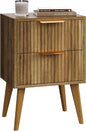 Fluted Nightstand with 2 Drawers,Modern Bedside Table with Metal Handles,White Side Table with Solid Wood Legs,Mid Century End Table for Living Room,Bedroom,Caramel Oak CTG55BR