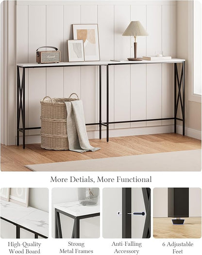 Masupu 70.9" Console Table, Modern Narrow Long Sofa Table Behind Couch, Skinny Entry Table, Industrial Sofa Table with Metal Frame for Hallway, Living Room, White and Black