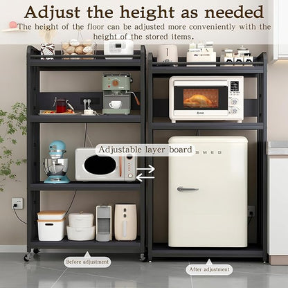 Adjustable 4-Tier Heavy Duty Kitchen Baker's Rack with Power Outlet, with Industrial Wheels, Free Standing Microwave Oven Cart Stand for Storage, Garage, Mini Fridge Stand, Black