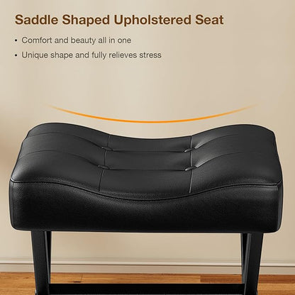 18-Inch Large Leather Vanity Stool, Vanity Chair with Metal X-Leg, Ottoman Foot Stool with Thick Padded Saddle Seat, Black