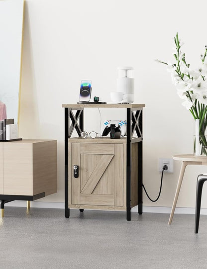 Wooden Nightstand with Lock, Bed Side Table with Drawers, Bedside Table with Charging Station, 3 USB & 2 Outlets, Night Stand with Storage, End Tables for Living Room, Bedroom, Greige
