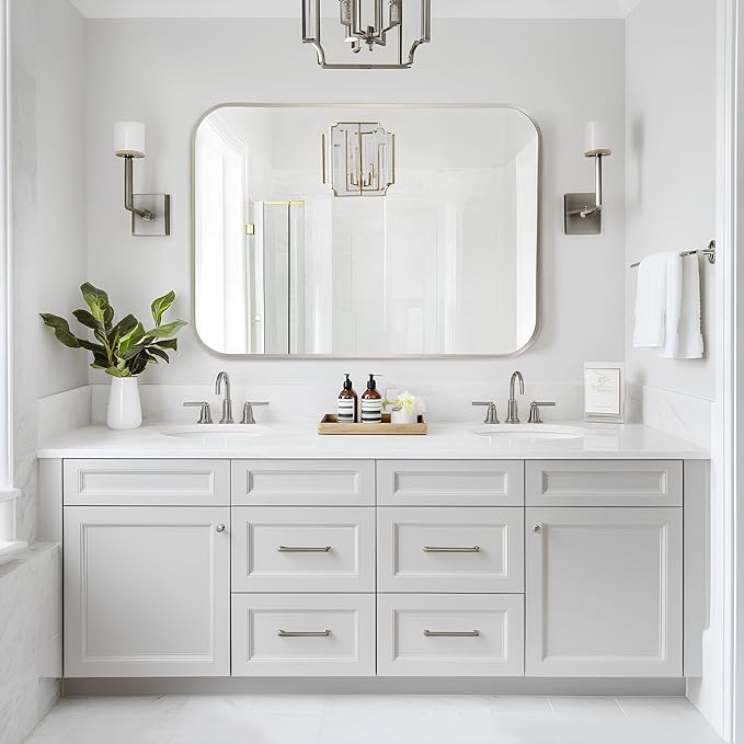 MZON 24x32Inch Brushed Nickel Bathroom Mirror, Rectangle Wall Mounted Mirror for Bathroom or Entryway, Anti-Rust Frame & Tempered Glass, Hangs Horizontally/Vertically - Farmhouse or Bathroom Decor