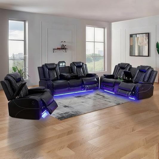 PU Leather Power Reclining Sofa Set for Home Theater, Chair, Loveseat & Couch with Wireless Charging, USB Ports, Cup Holders, LED Lights, Storage Console