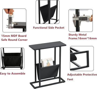 Yusong Small Narrow Side Table for Small Spaces, 17.7" W Slim End Table Nightstand with Storage Holder, Accent Skinny Snack Couch Bedside Table, Black Oak, Complete Iron Pipes