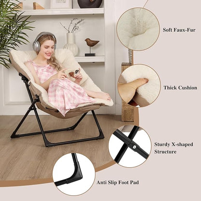 Comfy Saucer Chair for Adults, Soft Faux Fur Bedroom Chair with Ottoman, Accent Dorm Chairs, Living Room Reading Chairs and Footstool, Folding Lounge Seat for Teens, X-Large, Beige