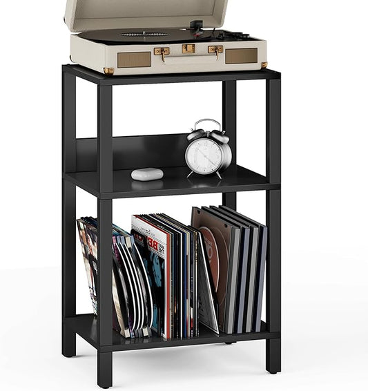 TUTOTAK Record Player Stand with Storage Up to 100 Albums,Record Storage Table,3 Tier End Table,Side Table for Living Room, Bedroom, Black TB01BK075