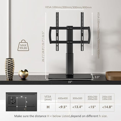 Universal Swivel/Table Top TV Stand 27 to 60 inch TVs 80 Degree Swivel, 4 Level Height Adjustable, Heavy Duty Tempered Glass Base, Holds up to 99lbs Screens, HT04B-001