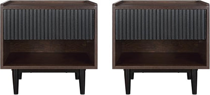 Manhattan Comfort Duane Modern Ribbed Nightstand Set of 2, Bedside Table with Full Extension Drawer and Open Shelf, Industrial Chic Living Room and Bedroom Furniture, Black