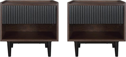 Manhattan Comfort Duane Modern Ribbed Nightstand Set of 2, Bedside Table with Full Extension Drawer and Open Shelf, Industrial Chic Living Room and Bedroom Furniture, Black