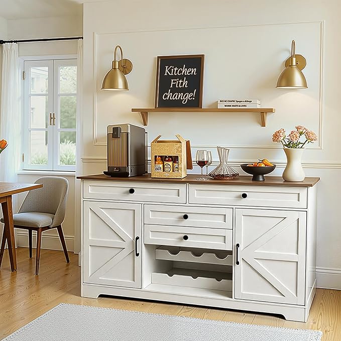Modern Buffet Cabinet with 4 Drawers, 2 Doors & Adjustable Shelf, Large Sideboard Cabinet with Wine Rack, Kitchen Storage Cabinet for Kitchen, Living Room,Coffee Bar, White