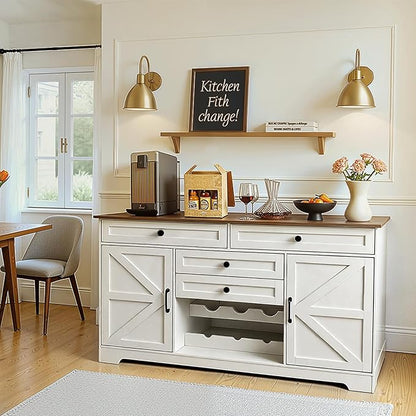 Modern Buffet Cabinet with 4 Drawers, 2 Doors & Adjustable Shelf, Large Sideboard Cabinet with Wine Rack, Kitchen Storage Cabinet for Kitchen, Living Room,Coffee Bar, White