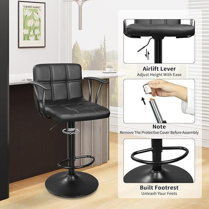 Bar Stools Set of 2, Armrest Adjustable Swivel Barstools with Back, Double Needle PU Leather Counter Height Chairs for Kitchen lsland (Black)