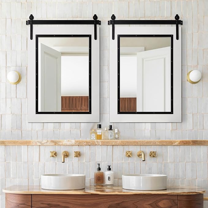 YOSHOOT Farmhouse Barn Door Mirror, 32"x24" Rustic Bathroom Mirror, Wood Frame Wall Mirror, Wooden Mirror for Living Room Bedroom Entryway Wall Décor, Vertical Hanging ONLY