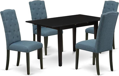 East West Furniture NOCE5-BLK-21 5 Piece Kitchen Table Set for 4 Includes a Rectangle Dining Table with Butterfly Leaf and 4 Mineral Blue Linen Fabric Parsons Chairs, 32x54 Inch, Black