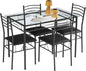 VECELO 5-Piece Kitchen Dining Table Set, Glasses Tabletop & Heavy-Duty Metel Frame, Rectangle Dinette with 4 Chairs for Small Space, Breakfast Nook, Glasses & Black
