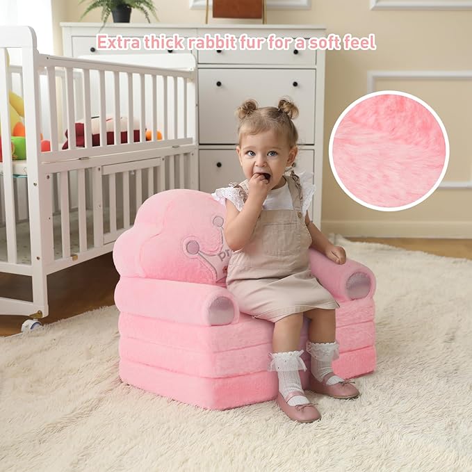 MOONBEEKI Toddler Chair Comfy，Foldable Princess Kids Couch for Girl, Toddler Recliners for Kids Over 18 Months, Baby Furniture for Bedroom and Playroom，Pink