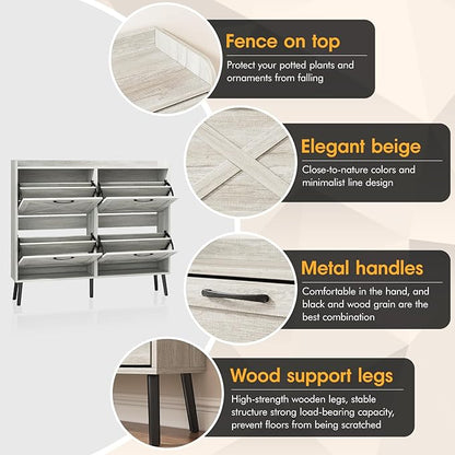 Maupvit Large Shoe Storage Cabinet with 4 Flip Drawers, Narrow Shoe Cabinet for Entryway with Wooden Legs, Freestanding Hidden Shoe Rack Organizer ＆ Metal Hinges, Beige