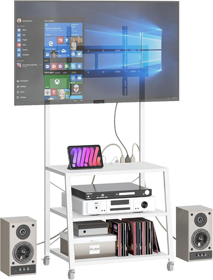 HOOBRO Rolling TV Stand with Mount and Power Outlet Up to 55 inch TV, Corner Entertainment Center, Small TV Stand with 3-Tier Storage Shelves for Living Room, Bedroom, White WW66UDS01