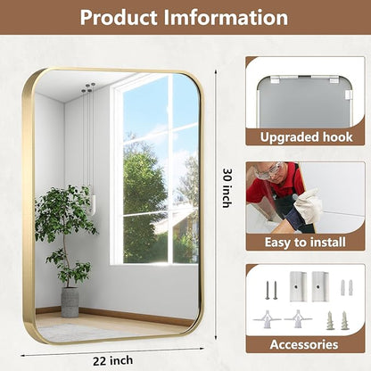 22x30 Inch Gold Bathroom Mirror, Brushed Gold Metal Framed Rectangular Mirror with Rounded Corner, Bathroom Vanity Mirror for Bedroom or Living Room, Horizontal/Vertical