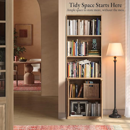 71" Oak Bookcase with Doors, 5-Tier Fluted Tall Bookshelf with Storage, Librero with Cabinet for Home Office, Living Room,or Bedroom