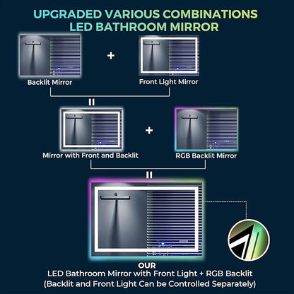 48x32 Inch RGB LED Bathroom Mirror Front Light and RGB Backlit Lighted Vanity Mirror for Bathroom Wall Mounted Dimmable Anti Fog Memory Shatter-Proof IP54 Waterproof Horizontal/Vertical
