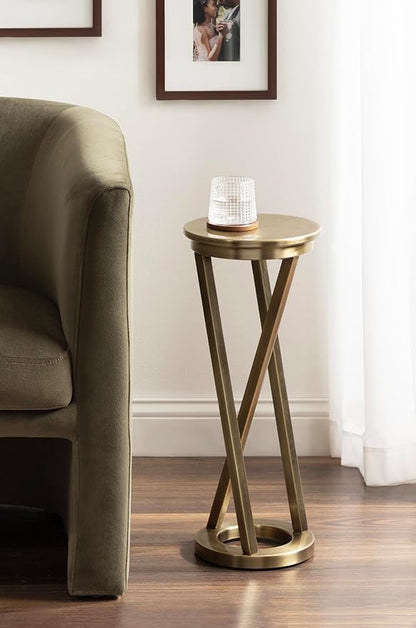 Kate and Laurel Aja Modern Metal Round Drink Table, 9 x 9 x 22, Antique Brass, Decorative Geometric Pedestal Table with Circular Tabletop for Use as Metal Indoor Plant Stand
