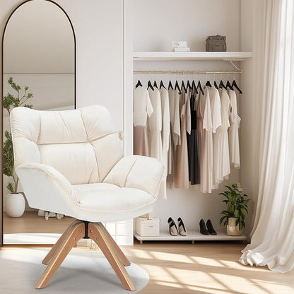 Mid Century Accent Chair, Fabric Desk Chair, Modern Cozy Vanity Chair no Wheelwith Wood Legs, Upholstered Single Boucle Armchair for Living Room Bedroom Office Guest Room Dining Room (Beige)