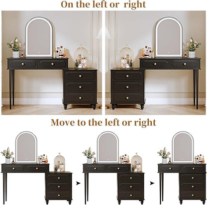 Black,Vanity Desk with Mirror and Lights,Makeup Vanity with Power Outlet and Adjustable Cabinet,Modern Makeup Table with 3 Drawers for Bedroom Makeup Room