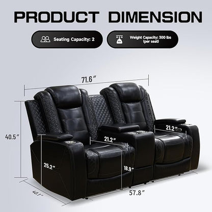PU Leather Power Wall Hugger Chair Double Reclining Sectional Sofa 2-Seater Loveseat Couch with Center Storage Console & Armrests, USB Port, 4 Cup Holders and LED Light for Living Room RV Theater