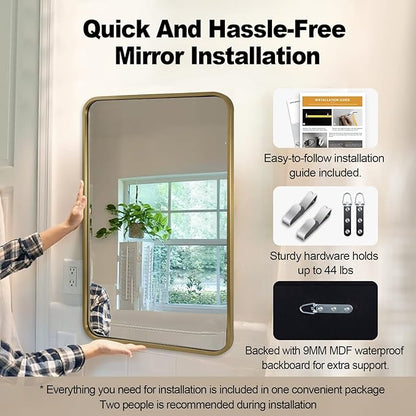 ANDY STAR Brass Mirror Bathroom, 22x30’’ Rounded Rectangle Mirror, Brushed Gold Bathroom Vanity Mirror Non-Rusting SUS304 Metal Tube Frame 1’’ Deep Wall-Mounted Mirrors Vertical/Horizontal