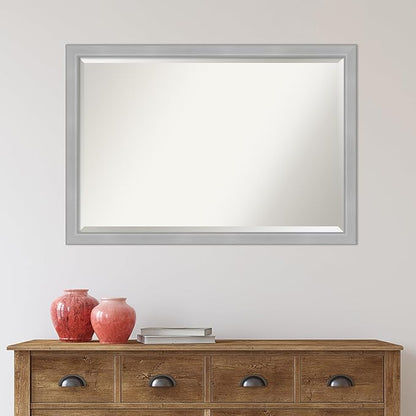 Amanti Art Silver Bathroom Mirror for Over Sink, 27x39 Vista Brushed Nickel Narrow Rectangle Vanity Mirror, Large Casual Frame, Hangs Horizonally and Vertically, Bathroom Wall Decor, Beveled Edge